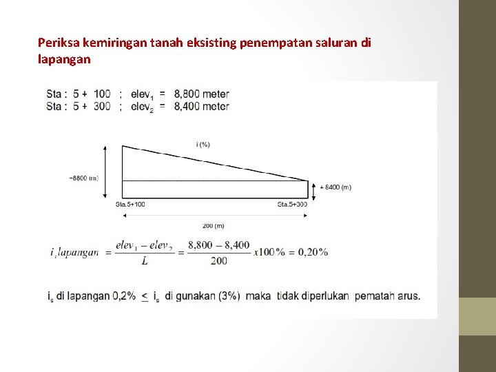 Periksa kemiringan tanah eksisting penempatan saluran di lapangan 