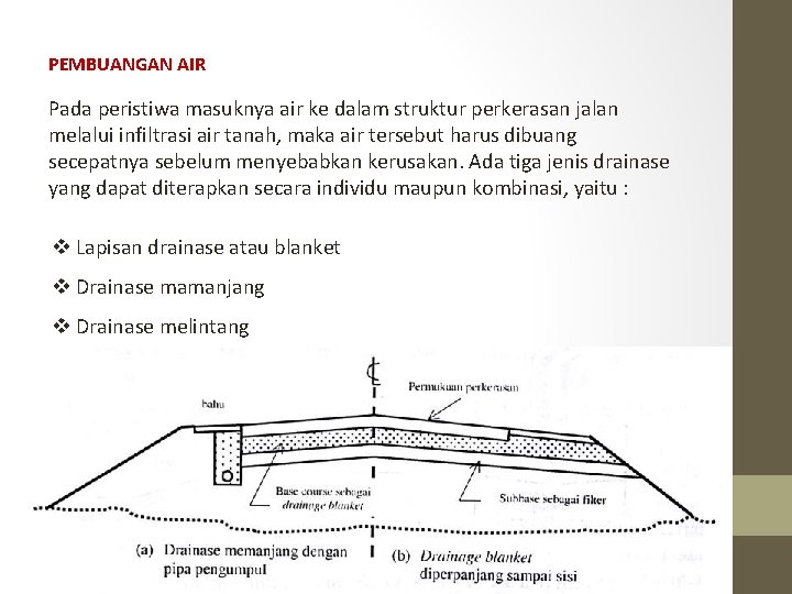 PEMBUANGAN AIR Pada peristiwa masuknya air ke dalam struktur perkerasan jalan melalui infiltrasi air