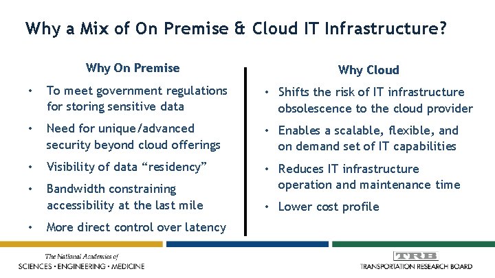 Why a Mix of On Premise & Cloud IT Infrastructure? Why On Premise Why