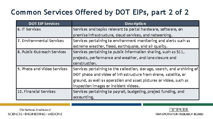 Common Services Offered by DOT EIPs, part 2 of 2 DOT EIP Services 6.