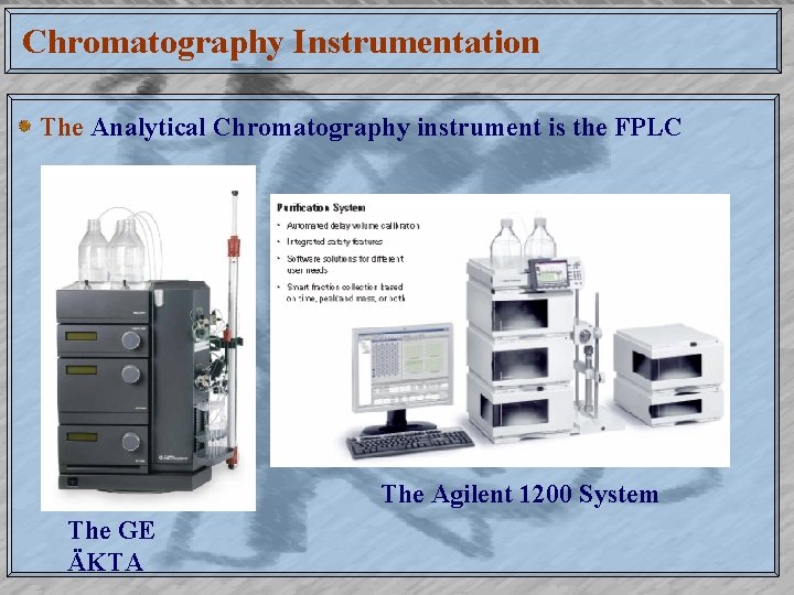Chromatography Instrumentation The Analytical Chromatography instrument is the FPLC The Agilent 1200 System The