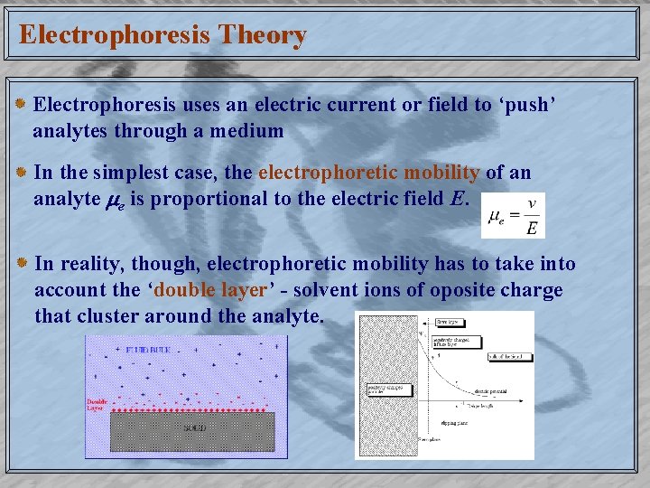 Electrophoresis Theory Electrophoresis uses an electric current or field to ‘push’ analytes through a