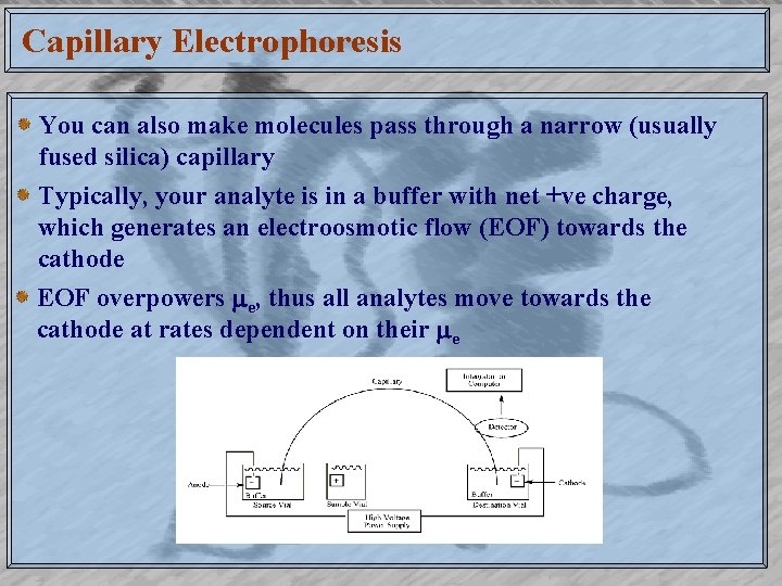 Capillary Electrophoresis You can also make molecules pass through a narrow (usually fused silica)