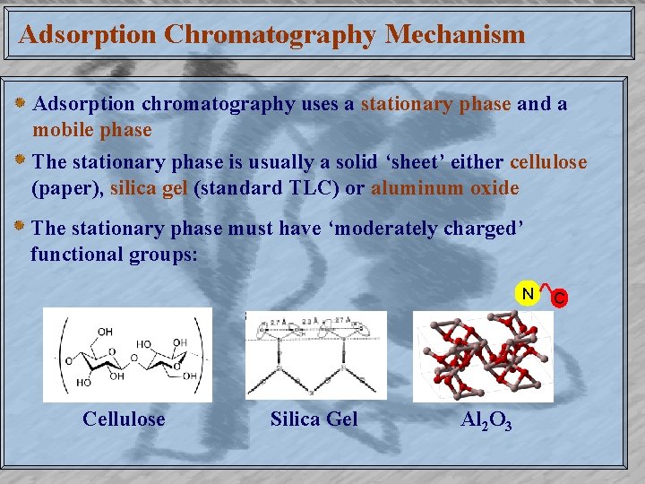 Adsorption Chromatography Mechanism Adsorption chromatography uses a stationary phase and a mobile phase The