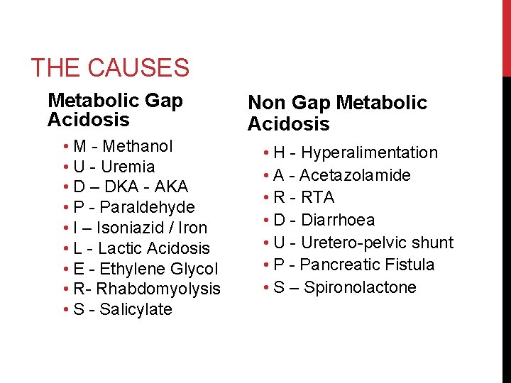 THE CAUSES Metabolic Gap Acidosis • M - Methanol • U - Uremia •