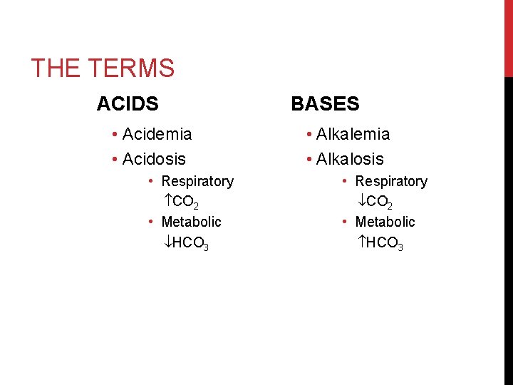 THE TERMS ACIDS • Acidemia • Acidosis • Respiratory CO 2 • Metabolic HCO