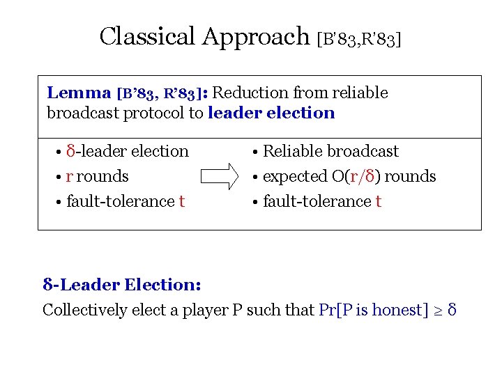 Classical Approach [B’ 83, R’ 83] Lemma [B’ 83, R’ 83]: Reduction from reliable