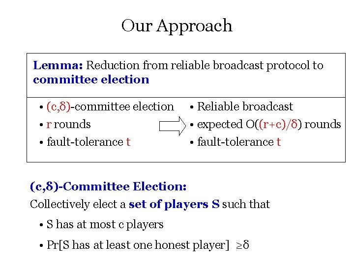 Our Approach Lemma: Reduction from reliable broadcast protocol to committee election • (c, δ)-committee