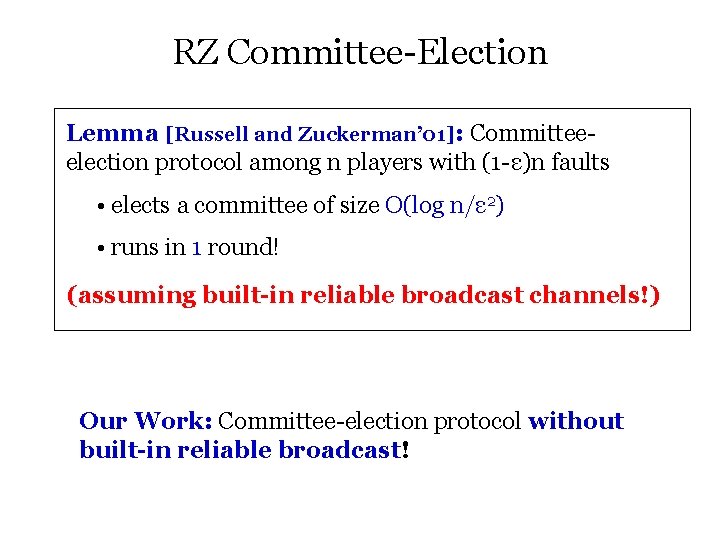 RZ Committee-Election Lemma [Russell and Zuckerman’ 01]: Committeeelection protocol among n players with (1