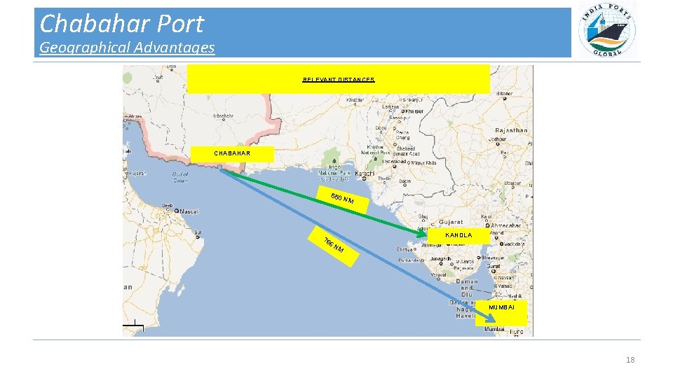 Chabahar Port Geographical Advantages RELEVANT DISTANCES CHABAHAR 550 N M KANDLA 78 6 N