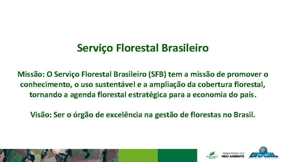 Serviço Florestal Brasileiro Missão: O Serviço Florestal Brasileiro (SFB) tem a missão de promover