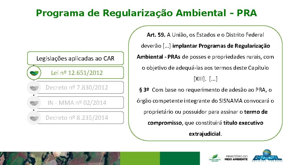 Programa de Regularização Ambiental - PRA Art. 59. A União, os Estados e o