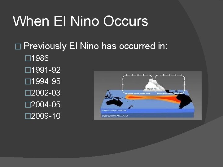 When El Nino Occurs � Previously � 1986 � 1991 -92 � 1994 -95