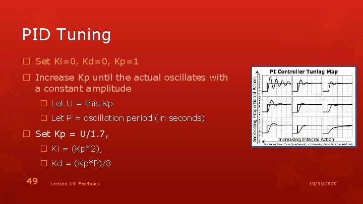 PID Tuning � Set Ki=0, Kd=0, Kp=1 � Increase Kp until the actual oscillates