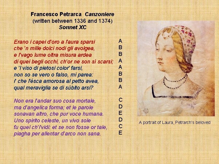 Francesco Petrarca Canzoniere (written between 1336 and 1374) Sonnet XC Erano i capei d'oro