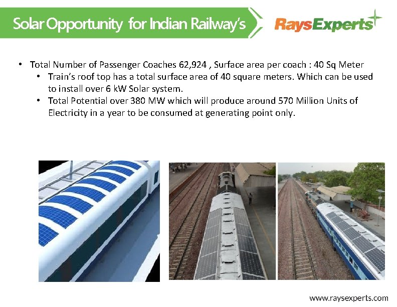 Solar Opportunity for Indian Railway’s • Total Number of Passenger Coaches 62, 924 ,