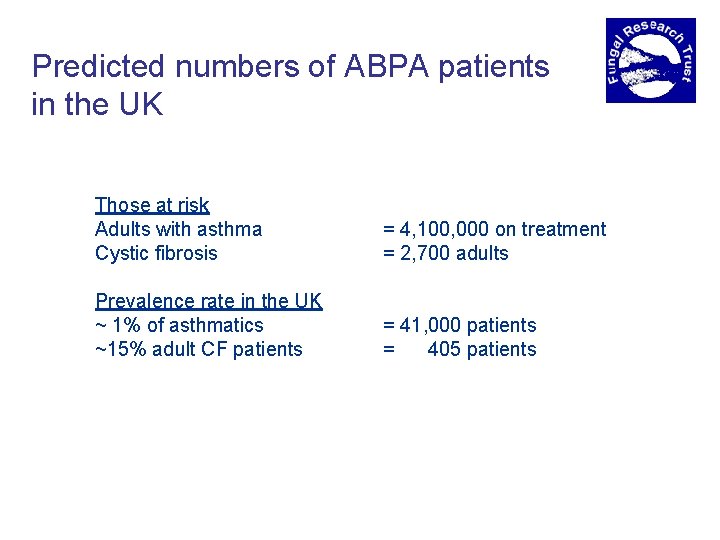 Predicted numbers of ABPA patients in the UK Those at risk Adults with asthma