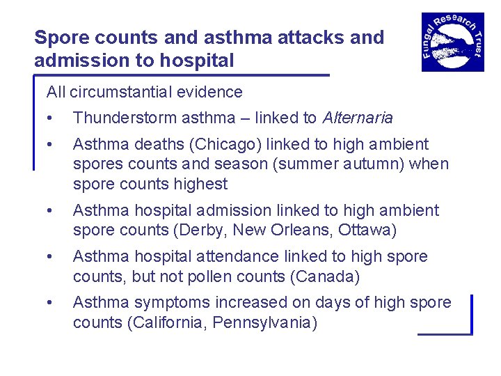 Spore counts and asthma attacks and admission to hospital All circumstantial evidence • Thunderstorm