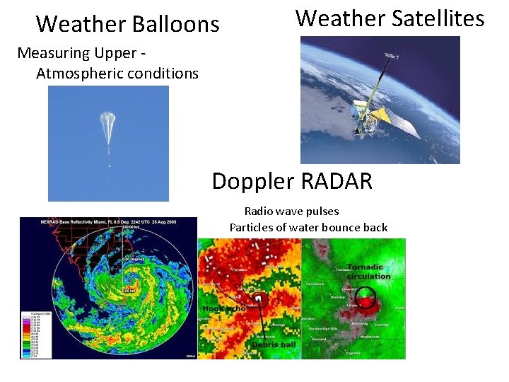 Weather Balloons Weather Satellites Measuring Upper Atmospheric conditions Doppler RADAR Radio wave pulses Particles