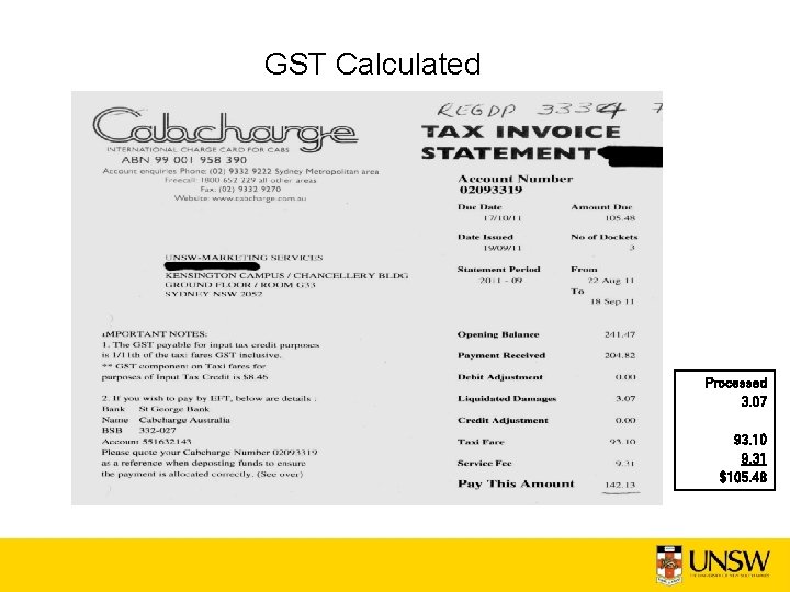 GST Calculated Processed 3. 07 93. 10 9. 31 $105. 48 