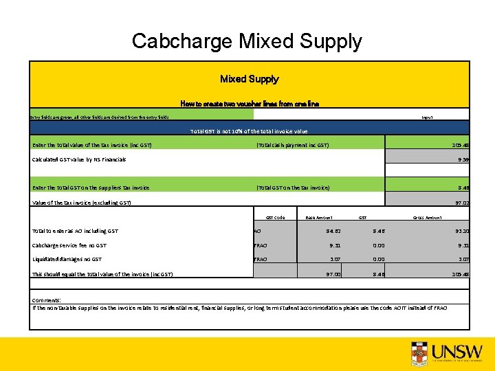 Cabcharge Mixed Supply How to create two voucher lines from one line Entry fields