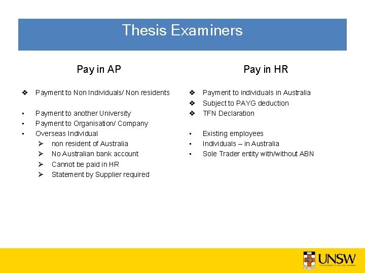 Thesis Examiners Pay in AP v Payment to Non Individuals/ Non residents • •