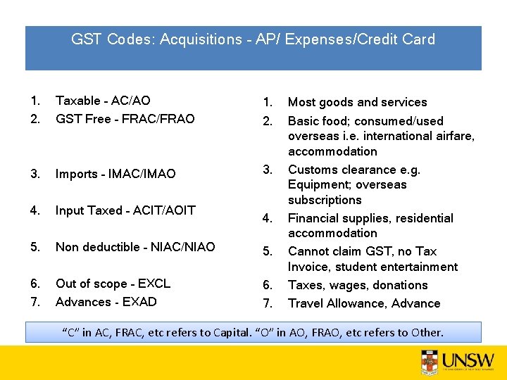 GST Codes: Acquisitions – AP/ Expenses/Credit Card 1. 2. Taxable – AC/AO GST Free