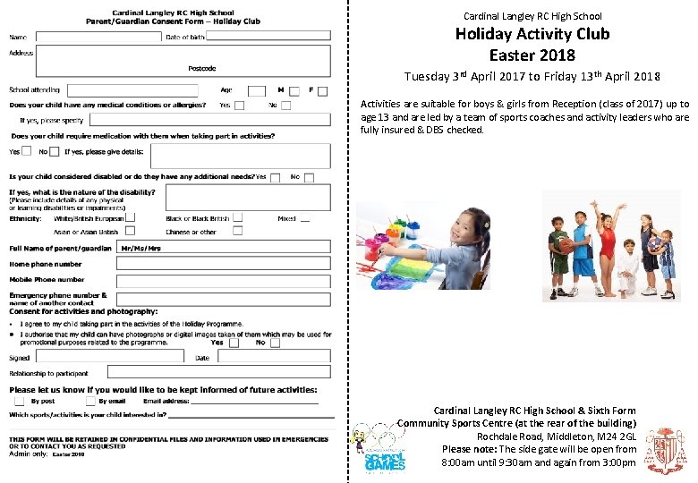 Cardinal Langley RC High School Holiday Activity Club Easter 2018 Tuesday 3 rd April