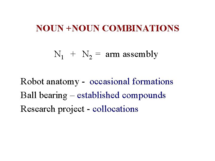 NOUN +NOUN COMBINATIONS N 1 + N 2 = arm assembly Robot anatomy -