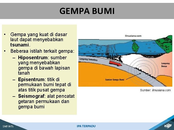 GEMPA BUMI • Gempa yang kuat di dasar laut dapat menyebabkan tsunami. • Beberaa