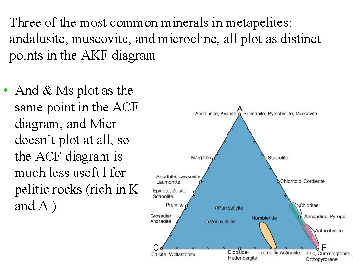 Three of the most common minerals in metapelites: andalusite, muscovite, and microcline, all plot