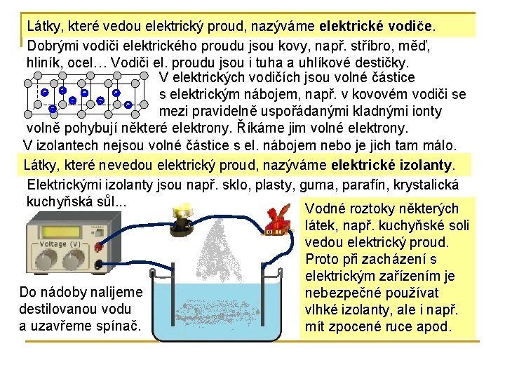 Látky, které vedou elektrický proud, nazýváme elektrické vodiče. Dobrými vodiči elektrického proudu jsou kovy,