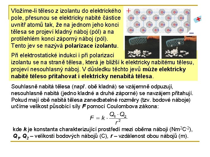 Vložíme-li těleso z izolantu do elektrického pole, přesunou se elektricky nabité částice uvnitř atomů