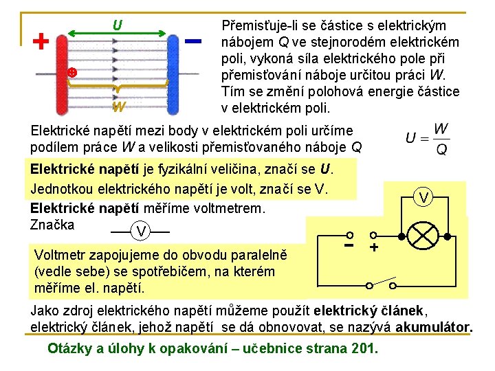 U W Přemisťuje-li se částice s elektrickým nábojem Q ve stejnorodém elektrickém poli, vykoná