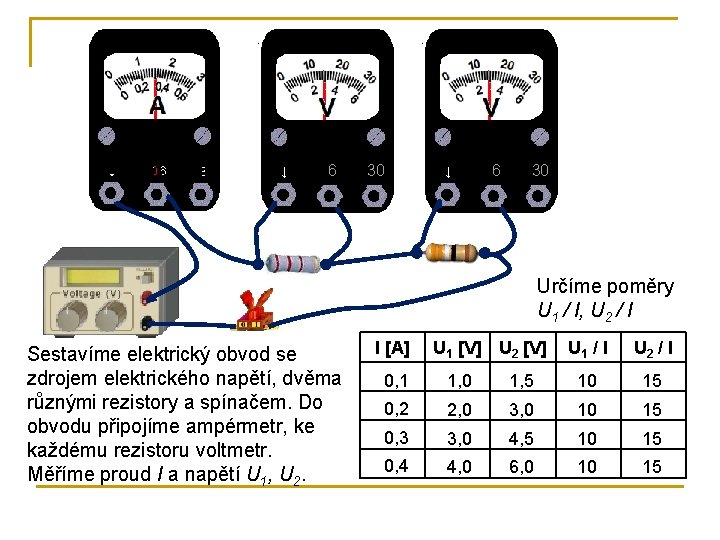 6 30 Určíme poměry U 1 / I, U 2 / I Sestavíme elektrický
