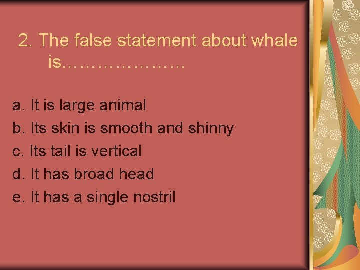 2. The false statement about whale is………………… a. It is large animal b. Its