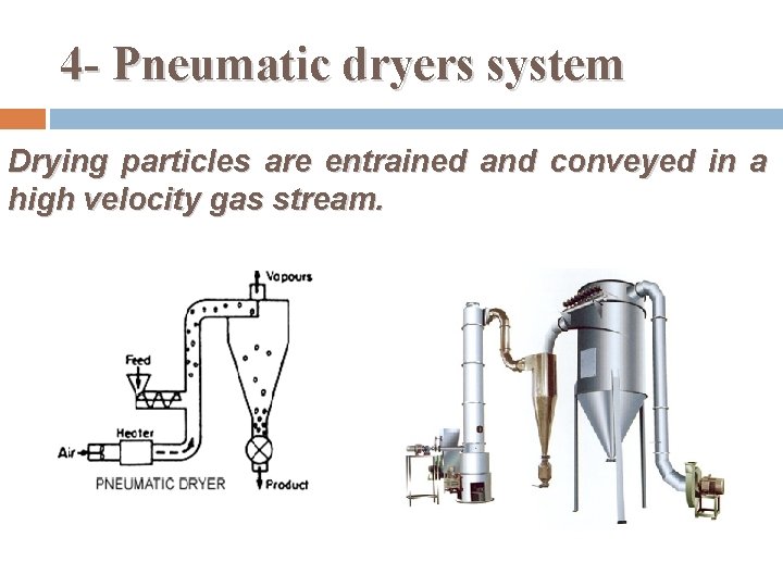 4 - Pneumatic dryers system Drying particles are entrained and conveyed in a high