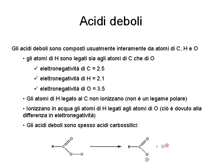 Acidi deboli Gli acidi deboli sono composti usualmente interamente da atomi di C, H