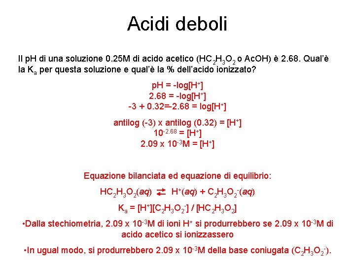 Acidi deboli Il p. H di una soluzione 0. 25 M di acido acetico