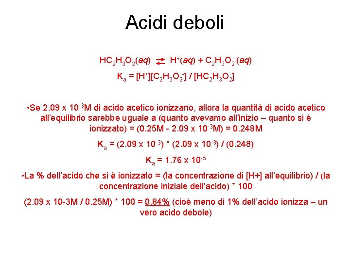 Acidi deboli HC 2 H 3 O 2(aq) H+(aq) + C 2 H 3