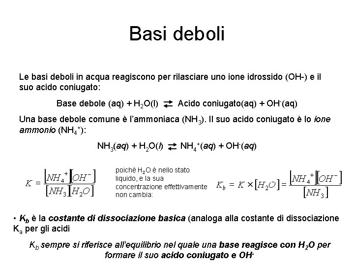 Basi deboli Le basi deboli in acqua reagiscono per rilasciare uno ione idrossido (OH-)