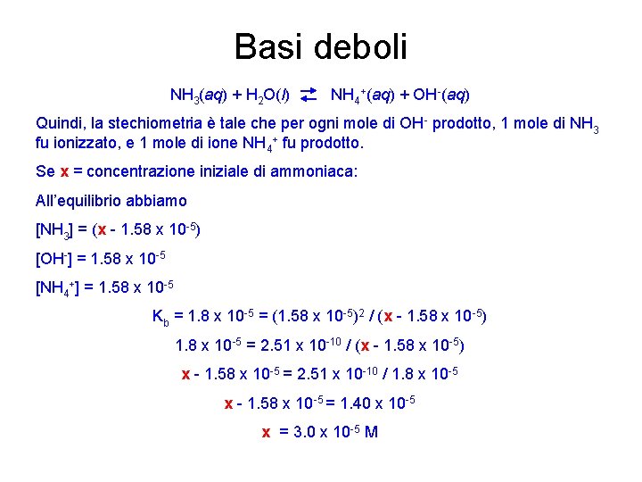 Basi deboli NH 3(aq) + H 2 O(l) NH 4+(aq) + OH-(aq) Quindi, la