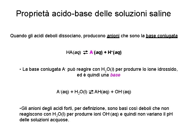 Proprietà acido-base delle soluzioni saline Quando gli acidi deboli dissociano, producono anioni che sono