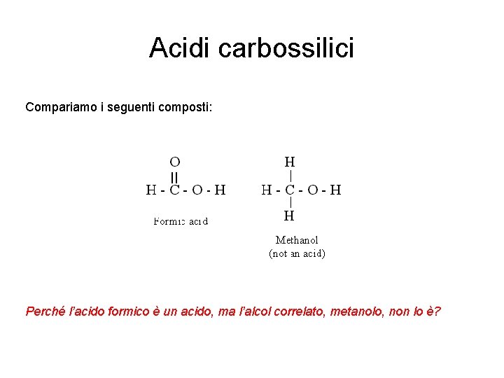 Acidi carbossilici Compariamo i seguenti composti: Perché l’acido formico è un acido, ma l’alcol