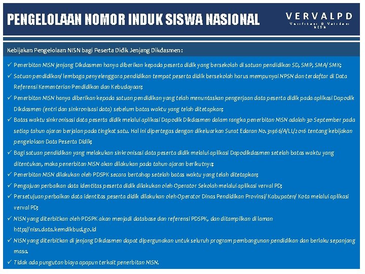 PENGELOLAAN NOMOR INDUK SISWA NASIONAL VERVALPD V e r i f i k a