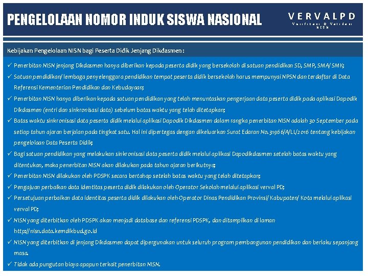 PENGELOLAAN NOMOR INDUK SISWA NASIONAL VERVALPD V e r i f i k a