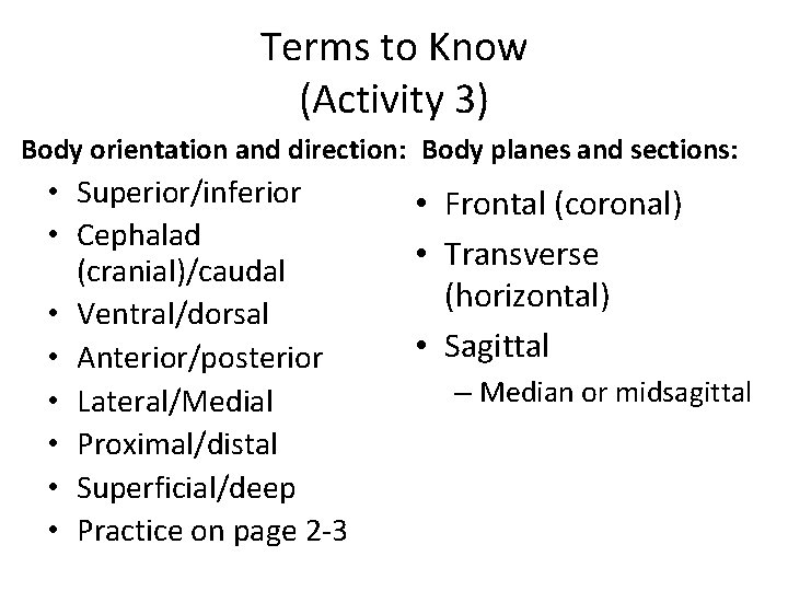 Terms to Know (Activity 3) Body orientation and direction: Body planes and sections: •