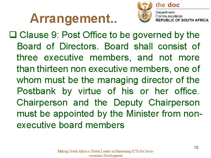 Arrangement. . q Clause 9: Post Office to be governed by the Board of