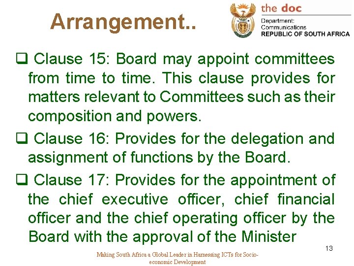 Arrangement. . q Clause 15: Board may appoint committees from time to time. This