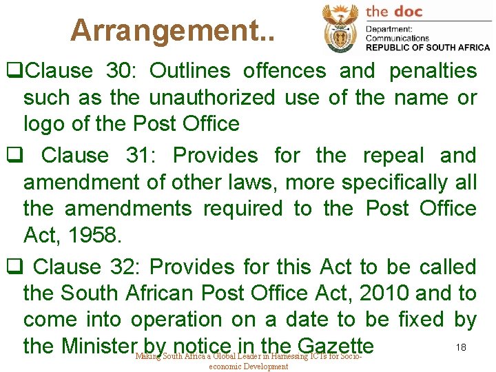 Arrangement. . q. Clause 30: Outlines offences and penalties such as the unauthorized use